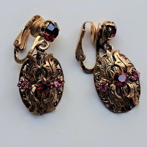 Vintage Earrings with Red/Pink Rhinestones w/Clip Back